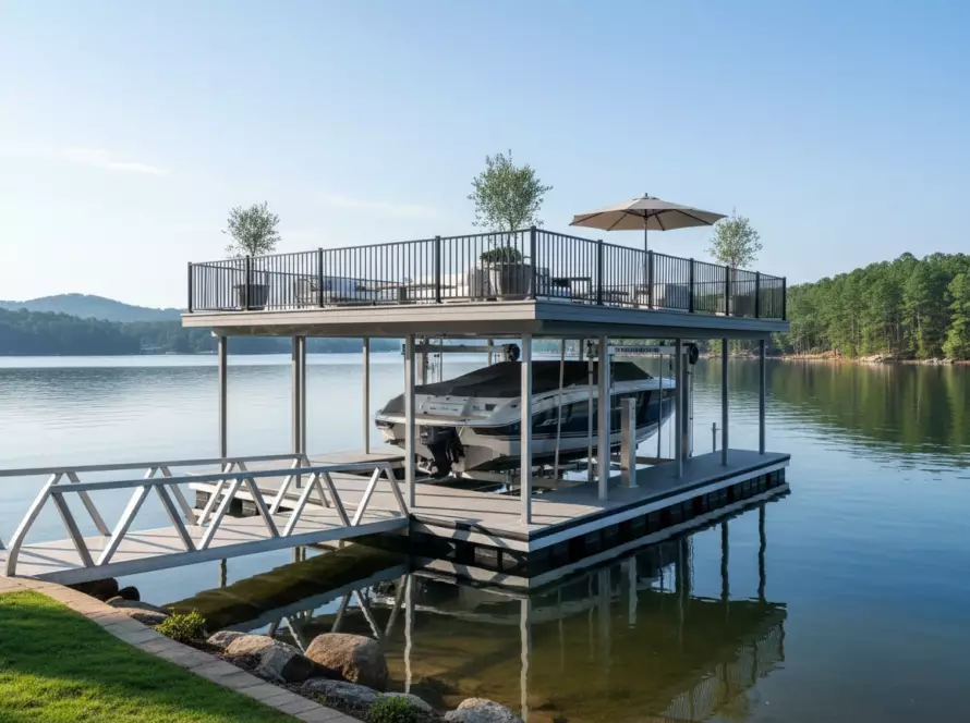 A premium two-story custom boat dock on Lake Lanier featuring a aluminum upper deck, premium composite flooring, a boat lift system, and a durable gangway.