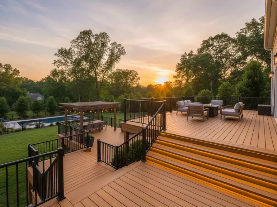 A premium multi-level composite deck featuring Trex Transcend boards, custom built-in seating, modern black aluminum railings, and low-voltage LED stair lighting.