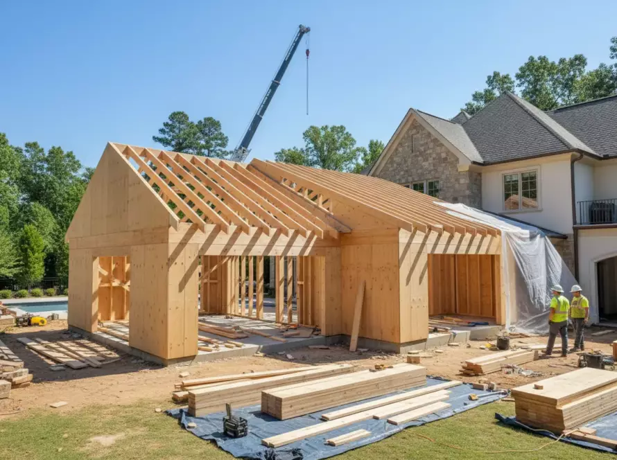 A high-end residential home addition under construction, showcasing premium ProWood framing, engineered wood trusses, and flawless structural integration with the original estate.