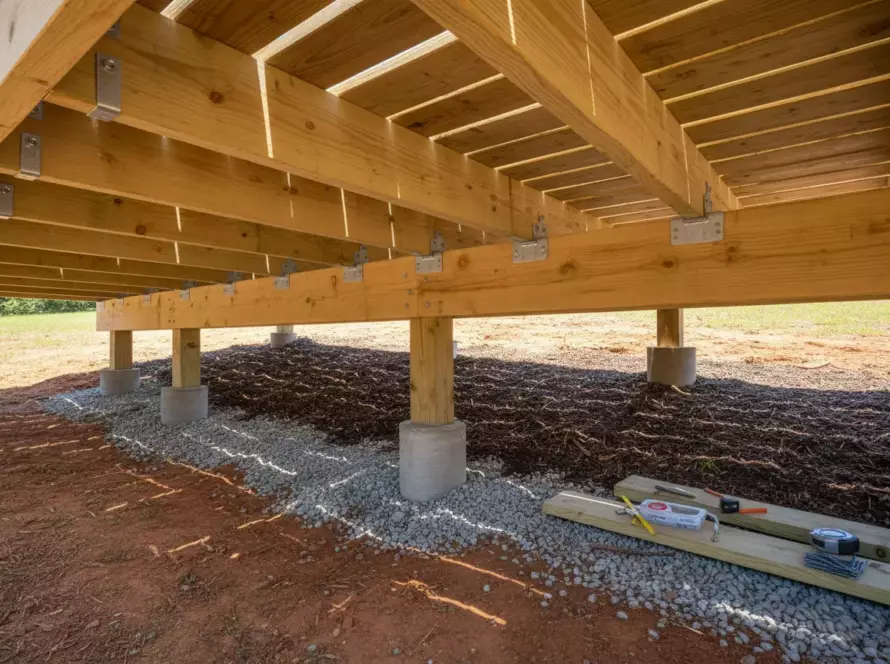 Close-up view of the structural undersides of an elevated residential deck featuring pressure-treated lumber joists, galvanized steel hangers, and concrete footings.