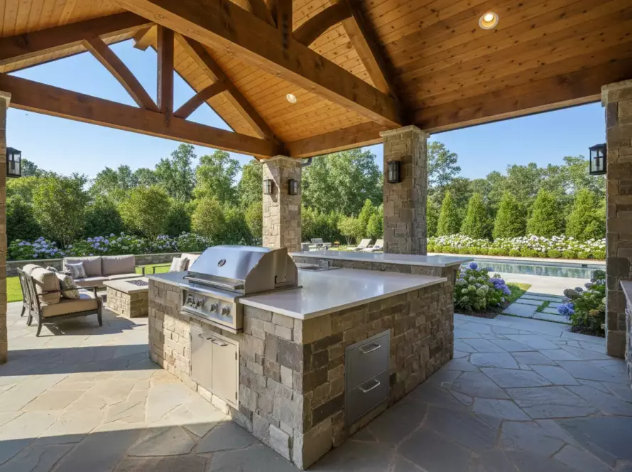 A custom-built luxury outdoor kitchen pavilion featuring stacked stone masonry, white porcelain waterfall countertops, and integrated stainless steel appliances under a vaulted cedar ceiling.