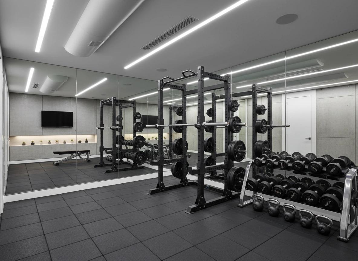 A high-end finished basement converted into a professional home gym featuring heavy-duty rubber flooring, full wall mirrors, and commercial weightlifting equipment.