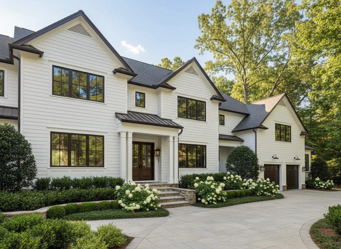 A high-end residential exterior painting project in Berkeley Lake, showing perfectly painted pristine white siding with dark contrasting architectural trim.