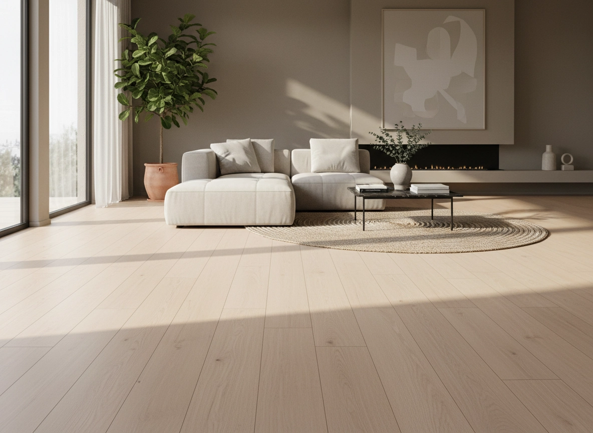 A close-up view of freshly installed wide-plank luxury vinyl flooring featuring a realistic warm oak texture and a flawless matte finish in a bright living room.