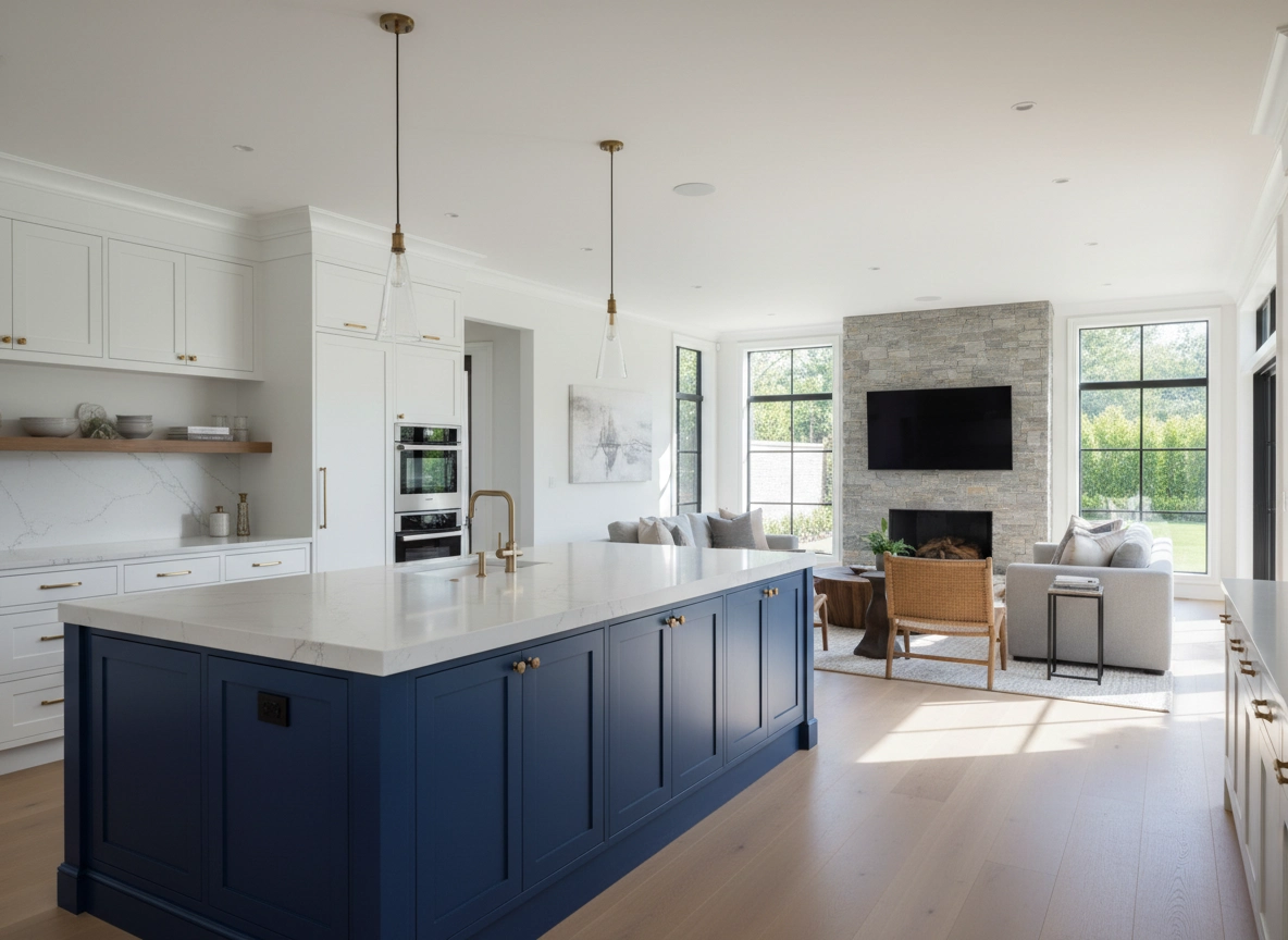 A massive open-concept kitchen remodel featuring a large quartz island, custom cabinetry, and a seamless flow into a living room designed for entertaining.