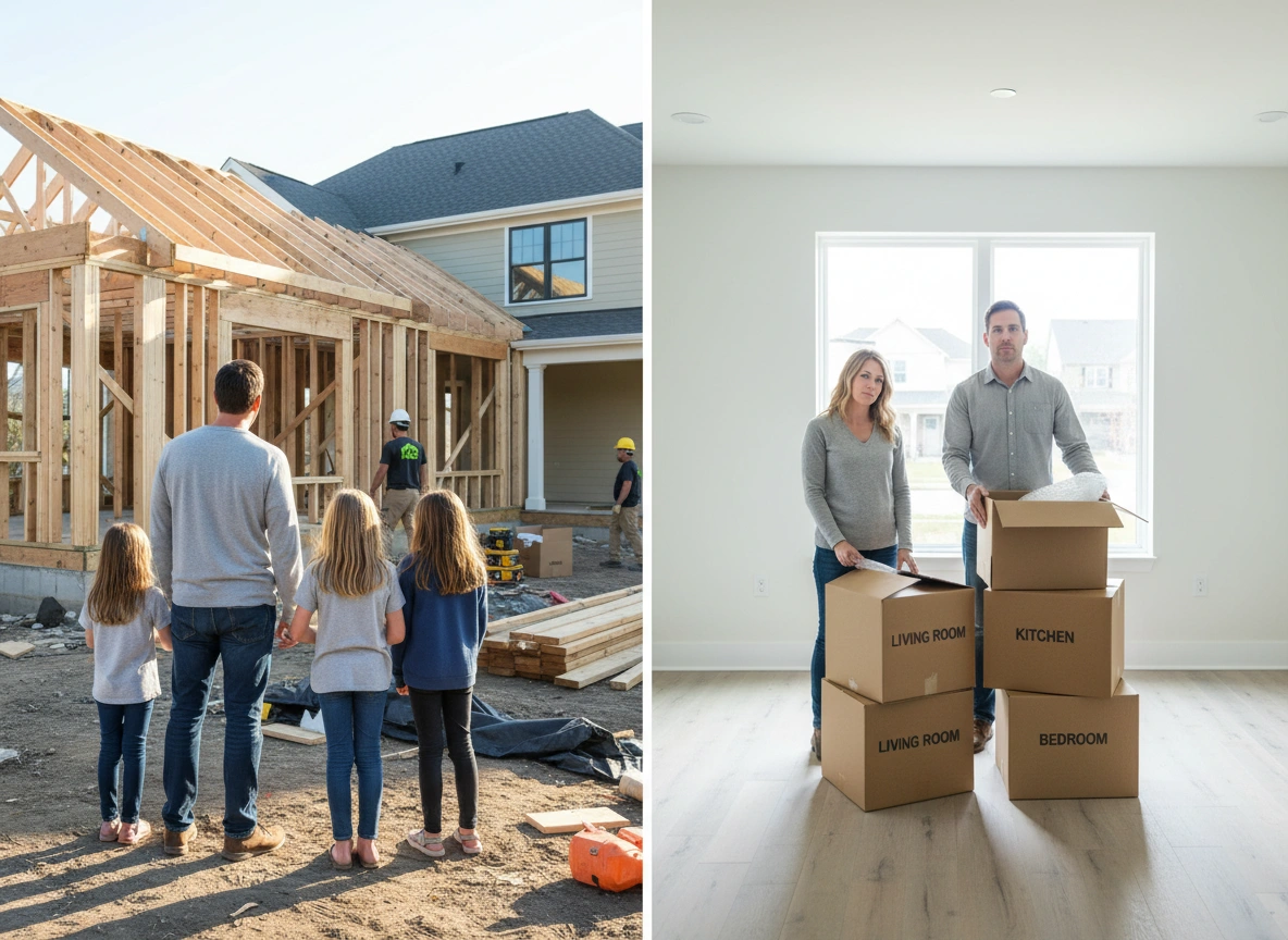 Comparison of building a home addition versus moving, shown with construction and moving boxes