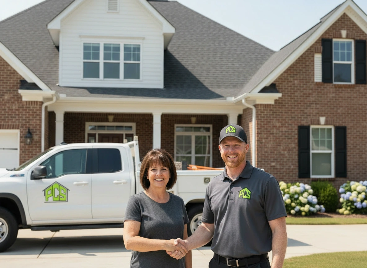 Roofing contractor shaking hands with a homeowner in front of a Georgia home