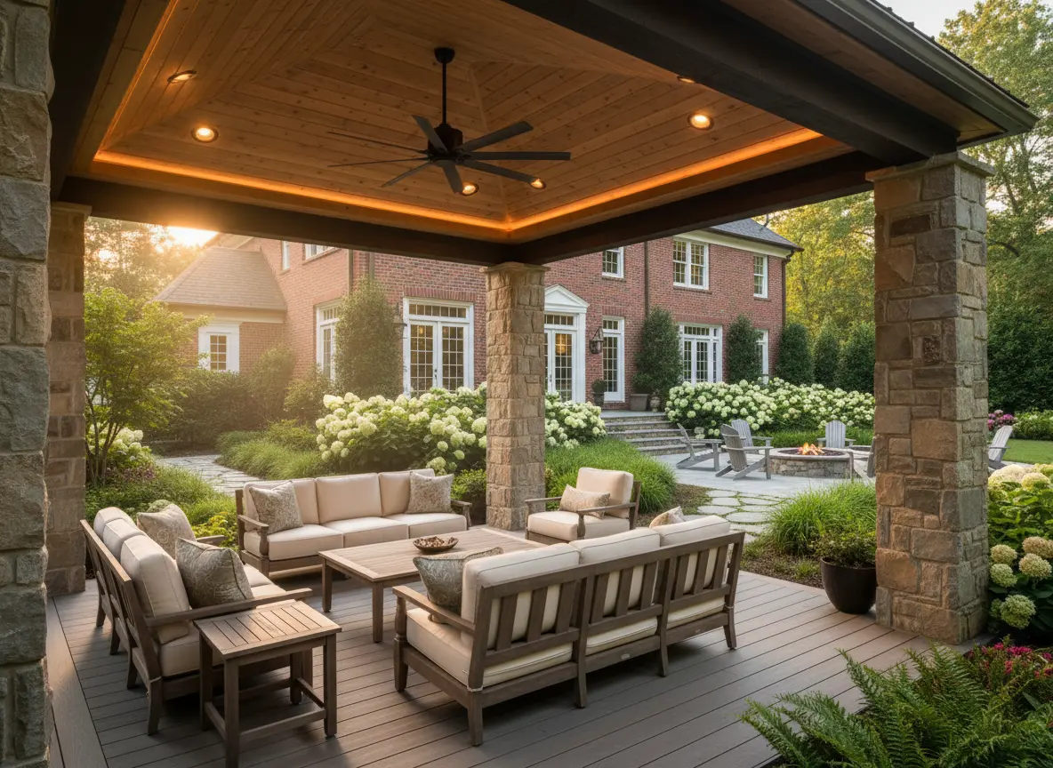 Covered backyard outdoor living space with a composite deck and seating on a Georgia home