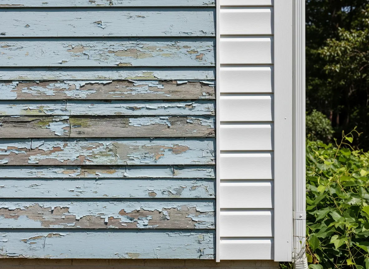 Aging Georgia home siding showing warped panels and peeling paint next to new siding